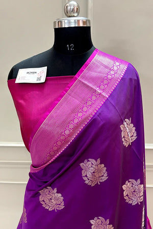 Purple and Pink Golden Zari Banarasi Silk Saree