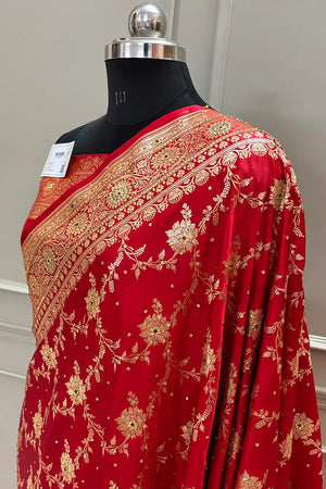 Red Akbari Jaal Stone Work Katan Silk Banarasi Saree