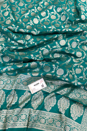 Teal Golden Zari Katan Silk Banarasi Dupatta