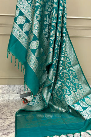 Teal Golden Zari Katan Silk Banarasi Dupatta
