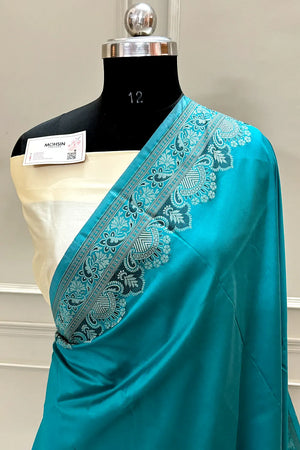 Teal and Beige Plain Resham Silk Banarasi Saree