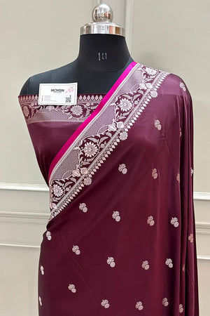 Wine Babri Buti Katan Silk Banarasi Saree