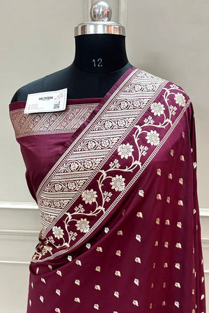 Wine Mahinki Buti Katan Silk Banarasi Saree