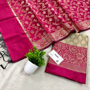 Beige and Pink Gulkan Buti Satin Silk Banarasi Suit