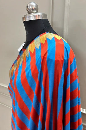 Blue and Red Stripe Plain Satin Silk Banarasi Saree