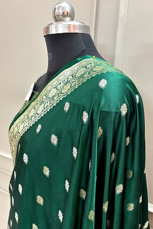 Bottle Green Flying Buti Katan Silk Banarasi Saree