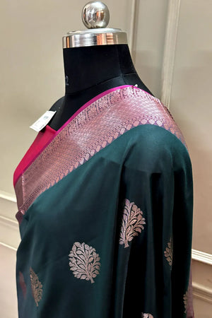 Bottle Green and Pink Golden Zari Banarasi Silk Saree