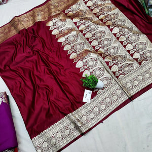 Maroon Plain Golden Zari Katan Silk Banarasi Saree