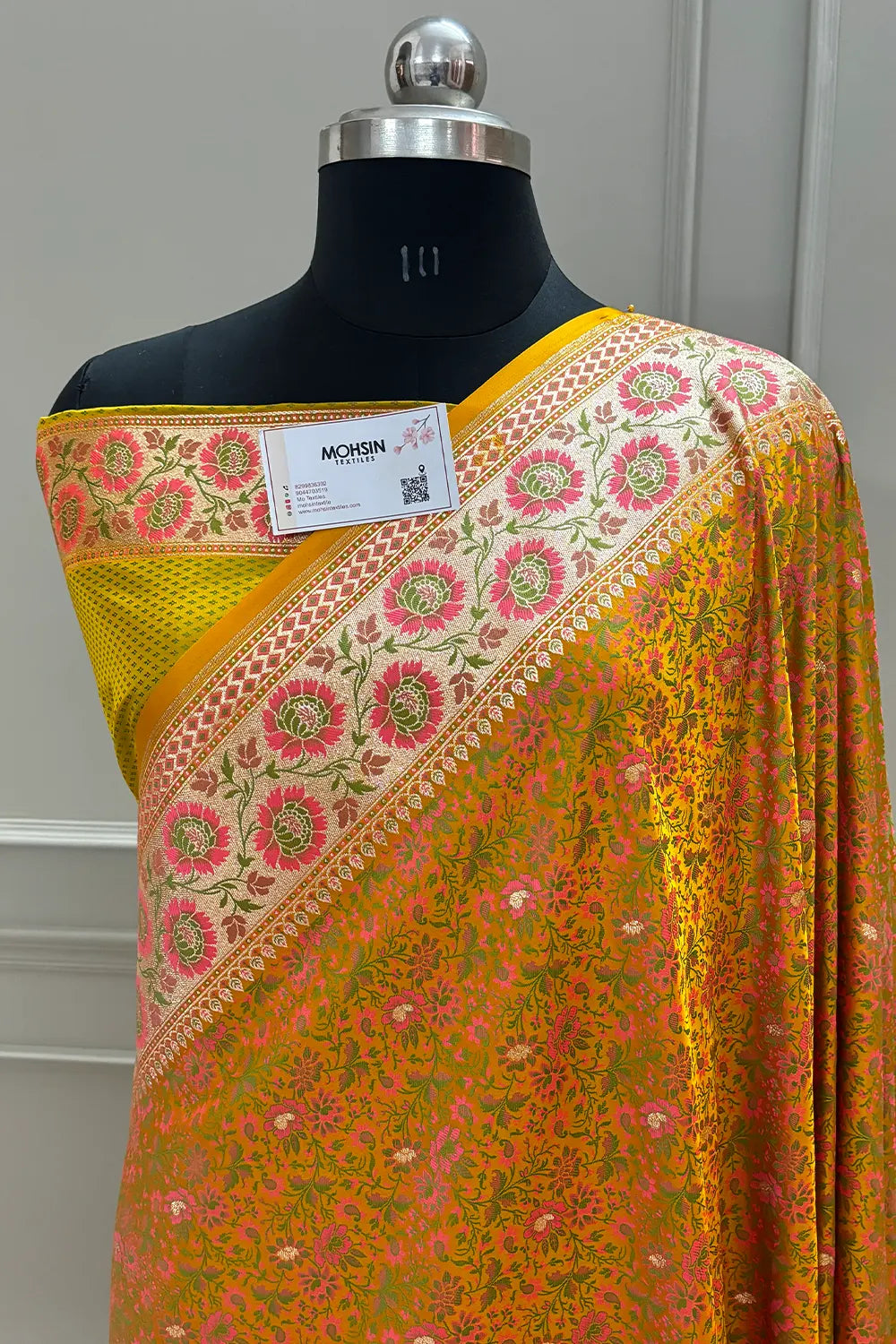 Mustard and Orange Jungli Jaal Katan Silk Banarasi Saree