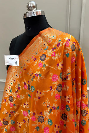 Orange Golden Zari Katan Silk Banarasi Dupatta
