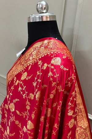 Pinkish Red Jangla Katan Silk Banarasi Saree