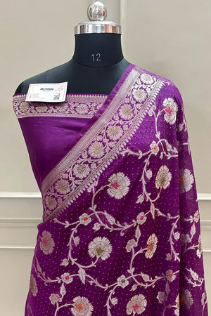 Purple Golden Zari Siroski Stone Georgette Silk Banarasi Saree