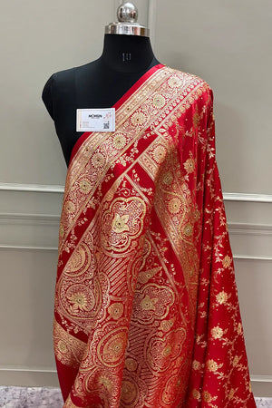 Red Akbari Jaal Stone Work Katan Silk Banarasi Saree