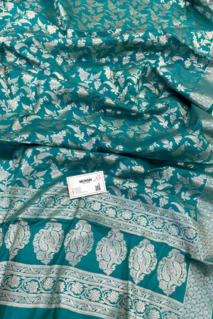 Teal Golden Zari Katan Silk Banarasi Dupatta