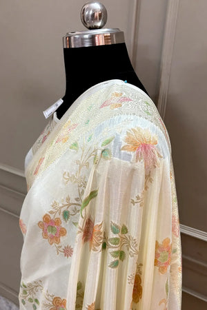 White Shakahari Jaal Georgette Silk Banarasi Saree