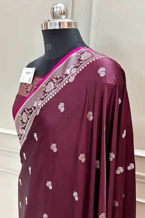 Wine Babri Buti Katan Silk Banarasi Saree