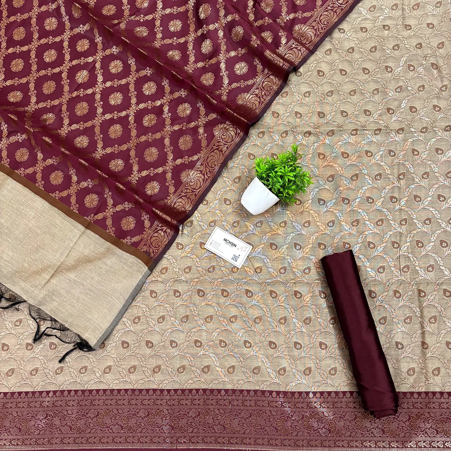 Beige and Maroon Patti Jaal Banarasi Silk Suit