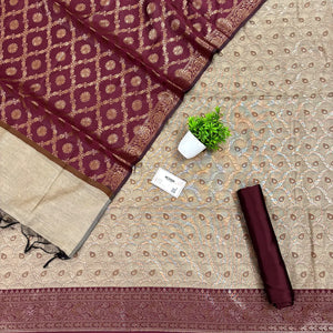 Beige and Maroon Patti Jaal Banarasi Silk Suit