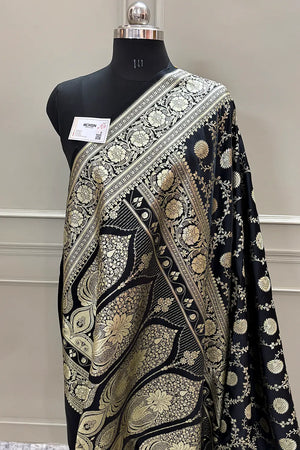 Black Pankhuri Jaal Katan Silk Banarasi Saree