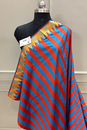 Blue and Red Stripe Plain Satin Silk Banarasi Saree