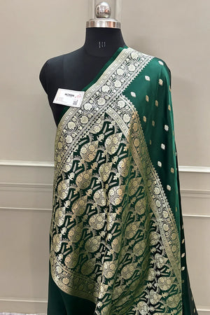 Bottle Green Flying Buti Katan Silk Banarasi Saree