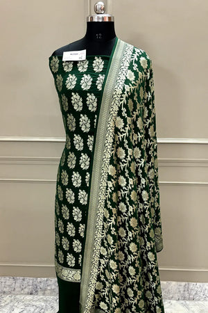 Bottle Green Pure Georgette Silk Banarasi Suit