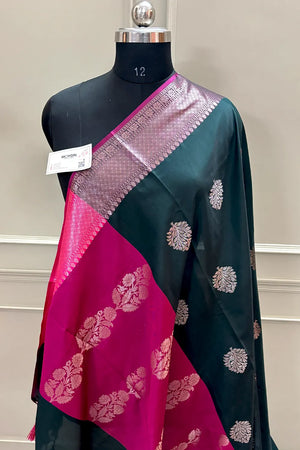 Bottle Green and Pink Golden Zari Banarasi Silk Saree