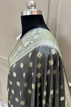 Dark Grey Golden Zari Crepe Silk Banarasi Saree