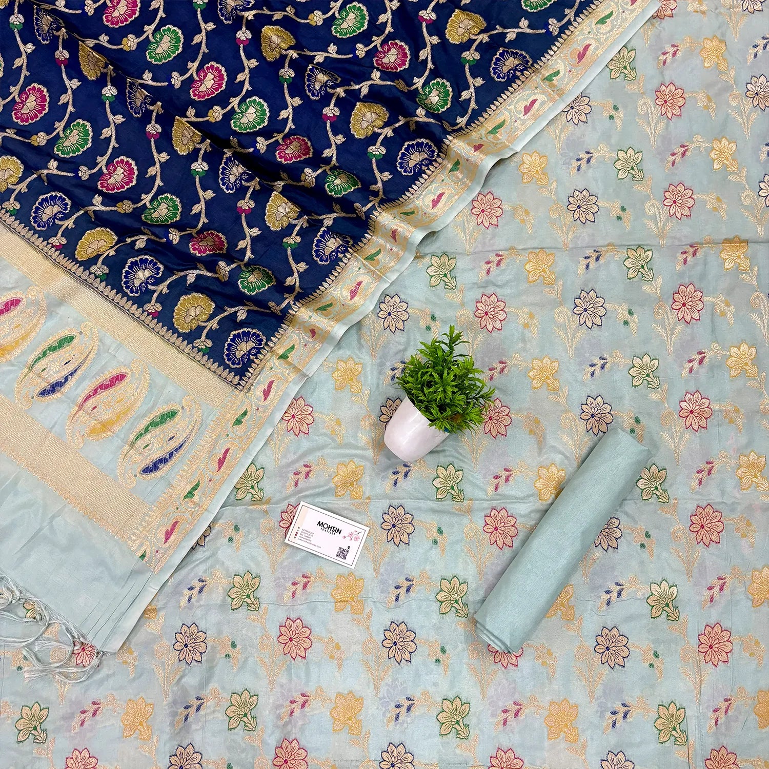 Mint and Navy Blue Golden Zari Katan Silk Banarasi Saree