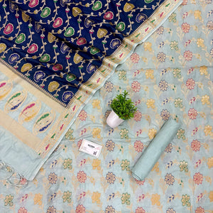 Mint and Navy Blue Golden Zari Katan Silk Banarasi Saree