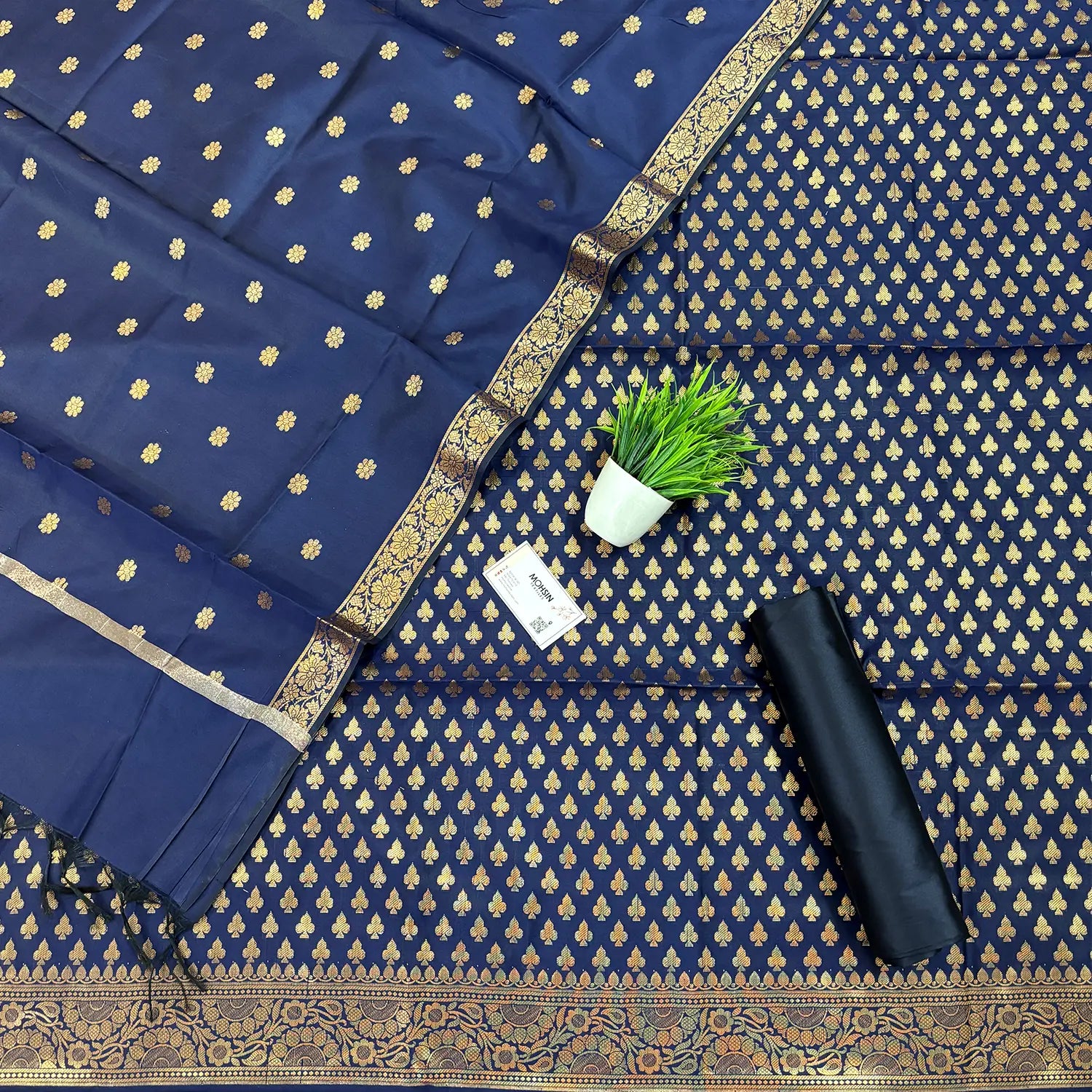 Navy Blue Chidiya Buti Satin Silk Banarasi Suit