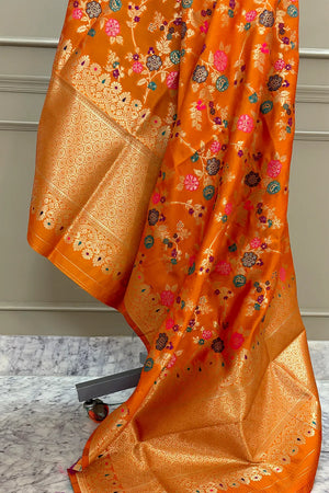 Orange Golden Zari Katan Silk Banarasi Dupatta