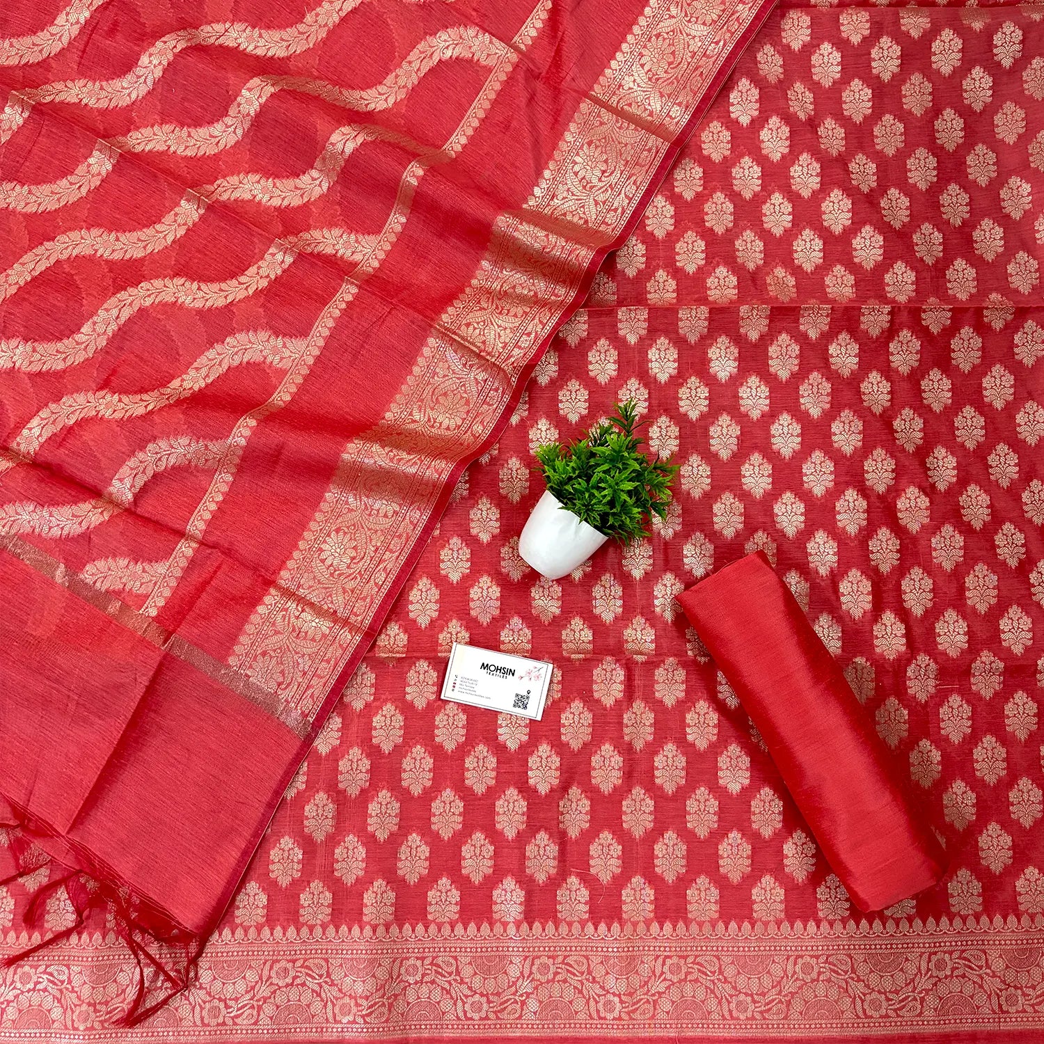 Peach Tri Phool Banarasi Silk Suit