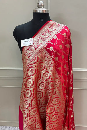 Pinkish Red Ropeway Jaal Katan Silk Banarasi Saree