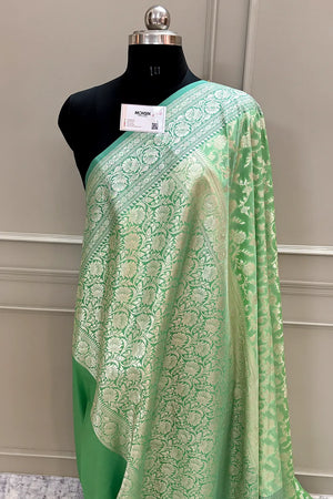 Pista and Sea Green Gulabi Jaal Katan Silk Banarasi Saree