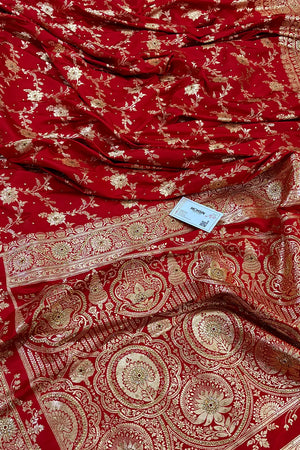 Red Akbari Jaal Stone Work Katan Silk Banarasi Saree