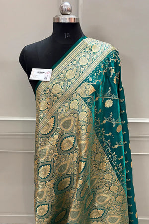 Teal Green Bhawar Jaal Satin Silk Banarasi Saree