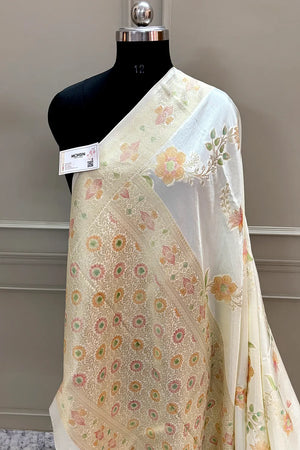 White Shakahari Jaal Georgette Silk Banarasi Saree