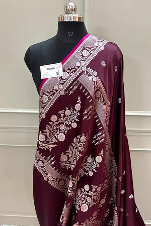 Wine Babri Buti Katan Silk Banarasi Saree
