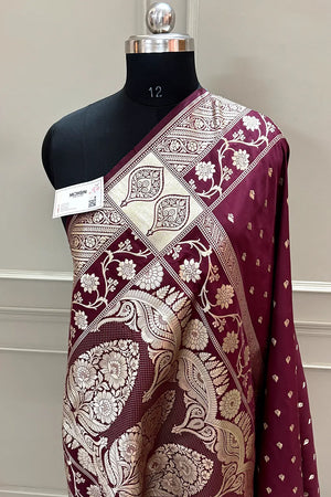 Wine Mahinki Buti Katan Silk Banarasi Saree