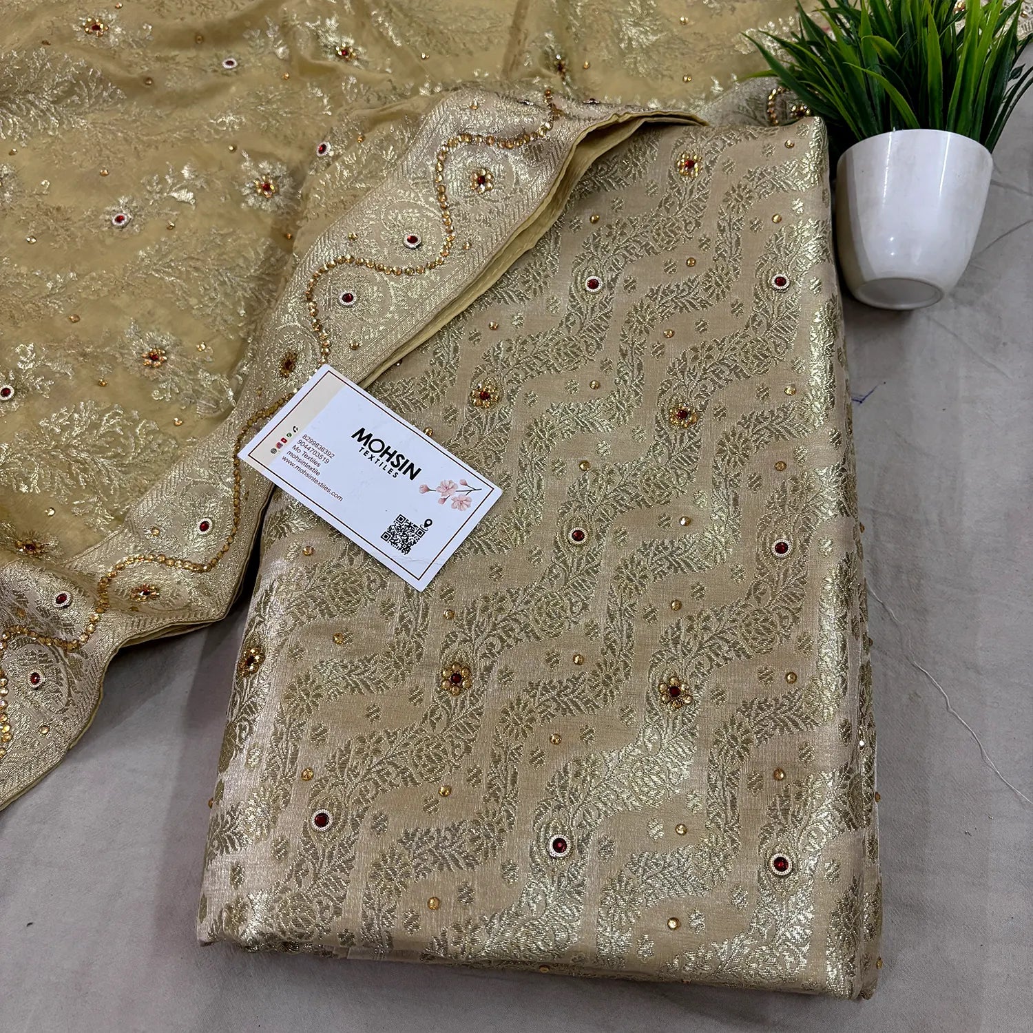 Beige Jharna Laher Stone Work Kimkhab Silk Banarasi Gharara