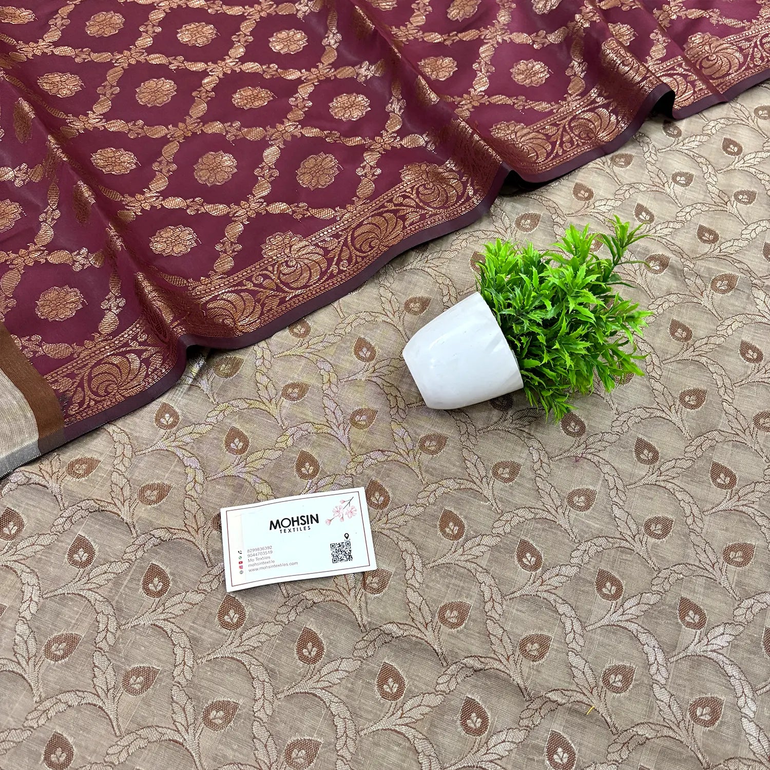 Beige and Maroon Patti Jaal Banarasi Silk Suit