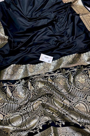 Black Plain Golden Zari Katan Silk Banarasi Saree