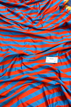 Blue and Red Stripe Plain Satin Silk Banarasi Saree