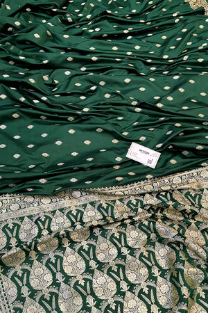 Bottle Green Flying Buti Katan Silk Banarasi Saree