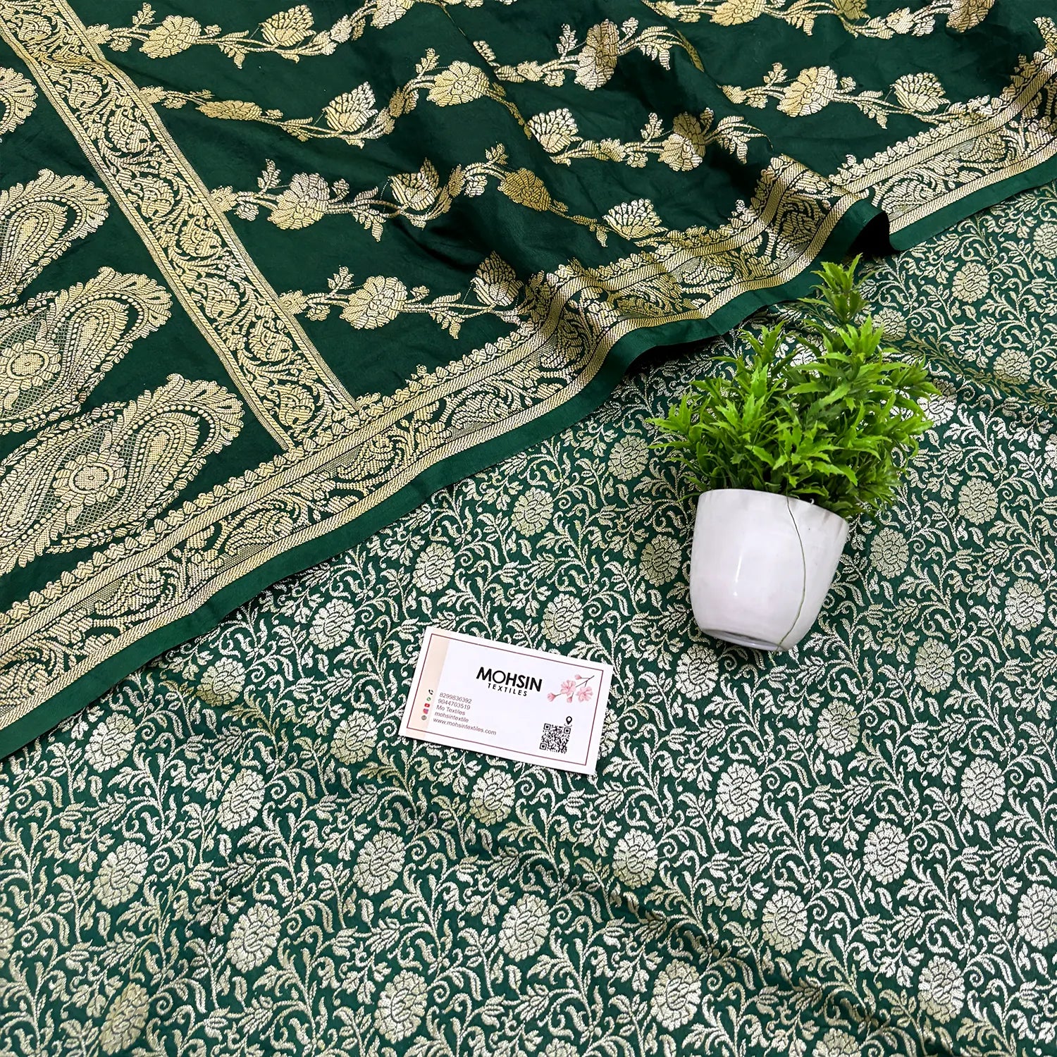 Bottle Green Golden Zari Katan Silk Banarasi Suit