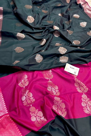 Bottle Green and Pink Golden Zari Banarasi Silk Saree