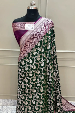 Bottle Green and Purple Maharani Jaal Crepe Silk Banarasi Saree