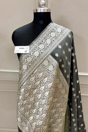 Dark Grey Golden Zari Crepe Silk Banarasi Saree