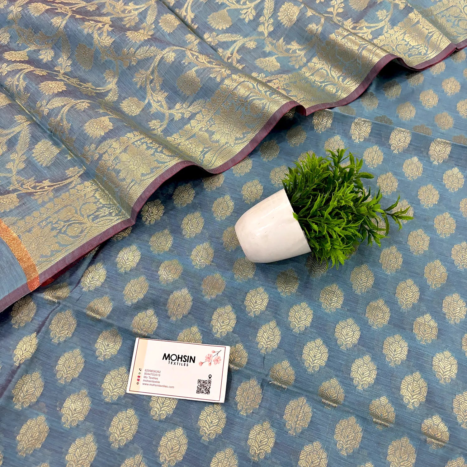 Dusty Blue Golden Zari Banarasi Silk Suit